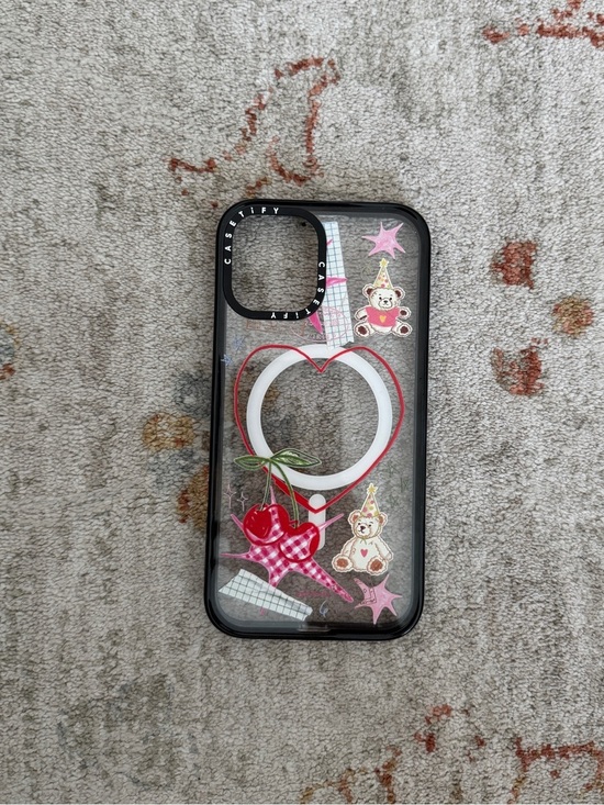 Casetify Other - Casetify Black Clear Phone Case with Pink Cherries & Teddy Stickers